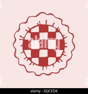 Round decorative pillow vector illustration with checkered pattern and ruffled edges. Hand drawn red and pink cushion icon. Cozy home textile element Stock Vector