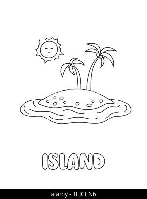 Letter I. Island. Learning ABC coloring page for kids. Black and white hand drawn vector illustration for children. Cute outline drawing and text for Stock Vector