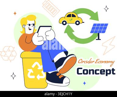 Circular Economy Vector Illustration Featuring Recycling Process, Renewable Energy, Green Industry, Sustainable Business and Eco Lifestyle Design Stock Vector