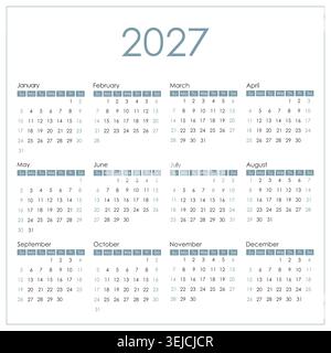 2027 calendar square composition. Week starts on Sunday. Vector design. Stock Vector