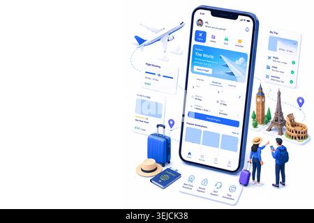3d Isometric illustration travel application concept featuring mobile booking interface, airplane, tourist characters, luggage, and international dest Stock Photo