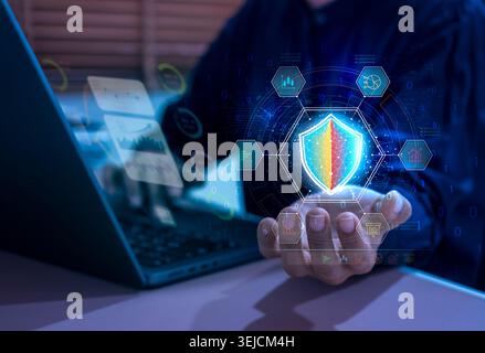 Advanced AI cybersecurity system monitoring data protection, intelligent security analytics on digital interface. Cyber defense, threat detection, net Stock Photo