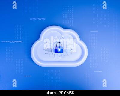 Cloud security concept with encrypted cloud storage and digital data protection system. Secure cloud computing, cybersecurity, online privacy, network Stock Photo