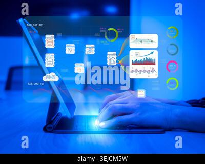AI data analytics dashboard with machine learning workflow and big data visualization on digital interface. Business intelligence, data processing, pr Stock Photo