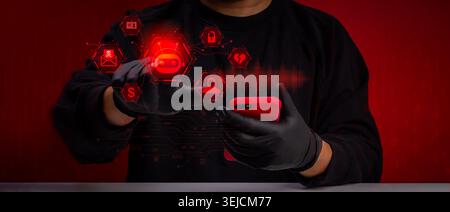 AI scammer using automated phishing bot on mobile device to perform cyber fraud, identity theft and online financial scam. Artificial intelligence thr Stock Photo