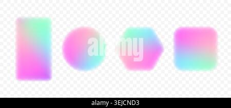Smooth iridescent gradient frame set. Blurred pink purple badge border collection. Vibrant rainbow square, circle, hexagon banner element pack. Colorful vivid button box template bundle. Vector Stock Vector
