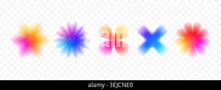 Colorful blurred gradient flower set. Bright blurry aura shape collection. Fading trend Y2k elements for poster, template, badge, sticker, collage, logo. Vector iridescent smooth flowers and stars Stock Vector