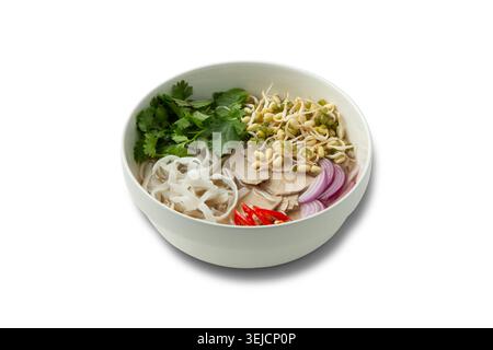 Traditional Vietnamese Pho Bo Soup with Beef Rice Noodles and Bean Sprouts Isolated on White Stock Photo