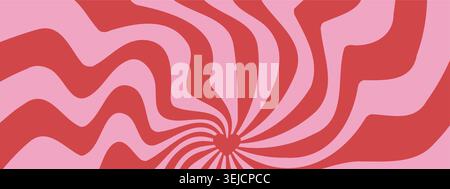 Retro stripes and spiral. Hypnosis twisted swirl. Groovy Starburst background with noise. 60s vintage design. Red and pink Vector illustration Stock Vector
