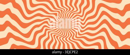 Psychedelic sunburst with spiral swirl. Sun rays pattern. Groovy retro background. 70s vintage summer art Stock Vector