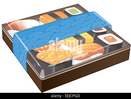 Vector illustration of a packaged sushi set with salmon, tamago, and rolls in a box Stock Vector
