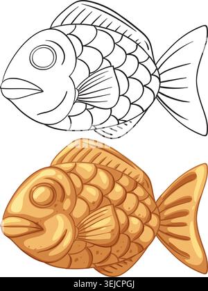 Detailed vector of taiyaki fish pastry with colored and outline versions, cartoon style, isolated background Stock Vector