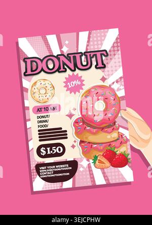 Hand holds a colorful comic style flyer advertising sweet glazed donuts and fresh strawberries Stock Vector