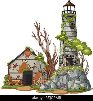 Vector illustration of deserted lighthouse, crumbling house, and twisted trees with overgrown greenery Stock Vector