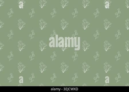Seamless floral pattern with alternating three-petal blossoms and sprigs of two small flowers, minimalist white line art on muted green background for Stock Vector