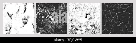 Set of four black-and-white cracked and distressed textures, including cracked plaster, corroded stone, eroded patches, and fractured earth patterns Stock Vector
