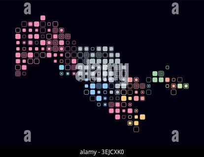 Uzbekistan, shape of the country built of colored cells. Digital style map of Uzbekistan on dark background. Large size rounded square blocks. Stock Vector