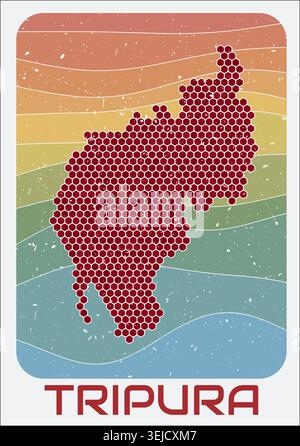 Tripura, India vintage logo. Hexagon dots shape of the state on retro colored stripe waves background. Stock Vector