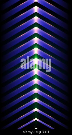 abstract futuristic background vertical pattern of glowing blue and purple chevron stripes with a bright neon green light on a dark black setting Stock Vector