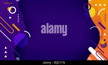 Abstract memphis geometric background with purple and orange wavy borders vibrant colorful shapes lines and dots on dark violet backdrop template for Stock Vector