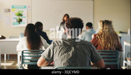 Classroom, education and listening with back of students at college for development or learning. Attention, lecture and lesson with people at Stock Photo