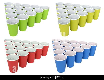 Colorful plastic cups arranged in triangle shapes and isolated on white, symbolizing party games and beverage fun. Stock Photo