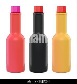 Set of glossy plastic sauce bottles with colorful caps, isolated on a white background, kitchen utensil concept. Stock Photo