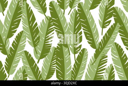 Banana and exotic leaves seamless pattern. Fruit drawing vector illustration. Yellow and green background. Tropic wallpaper.  Stock Vector