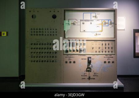 Nuremburg, Germany - 28 Nov 24: Large vintage electrical switchboard with circuit diagram and German labels in the Memorium Nuremberg Trials exhibitio Stock Photo