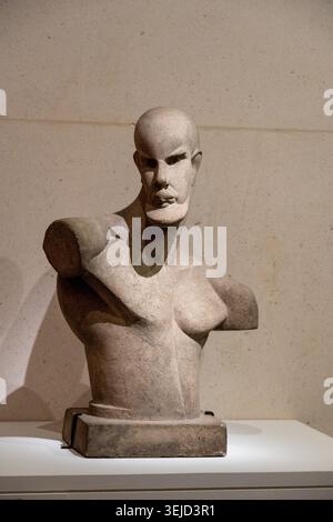 Paris, France - 8 Nov 24: Modernist stone bust sculpture on display inside Musée Bourdelle in Paris, France. Stock Photo