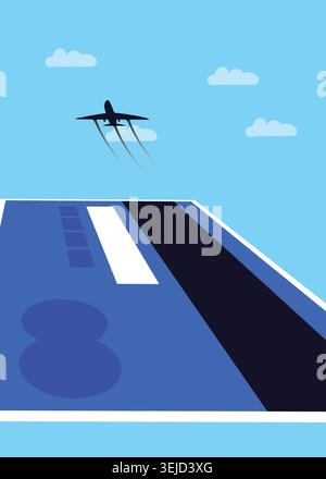 Flat vector illustration featuring an airplane taking off from a runway with minimalist aviation design and modern travel transportation theme. Stock Vector