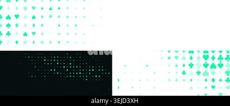 Casino poker suits pattern with neon green spades, hearts, clubs, diamonds on dark background for online gambling. Playing card games backdrop for Stock Vector