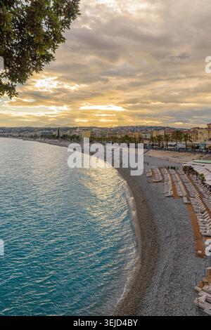 Nice foreshore and waterfront buildings at sunset, Nice, Provence-Alpes-Côte d'Azur, Alpes-Maritimes, France Stock Photo