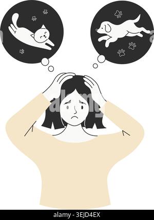 Sad Woman Holding Head in Hands Feeling Stressed. Upset Female Character Choosing Between Cat and Dog. Minimalist Vector Illustration of Difficult Stock Vector