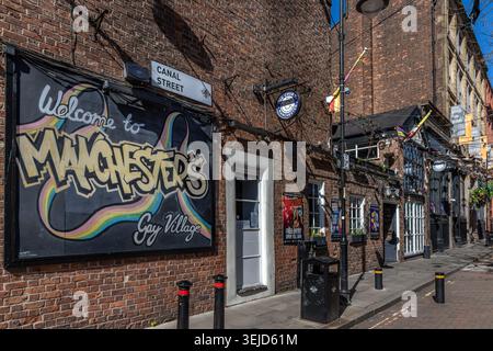 Welcome to Manchester's Gay Village sign on Canal Street, Manchester, UK Stock Photo