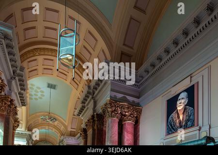 Interior of the The Royal Exchange Theatre, a Grade II listed performing arts venue located in St Ann's Square, Manchester, Uk Stock Photo