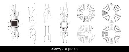 Technology circuit scheme motherboard texture, circle line dots connection. Ai chip electronics lines, circles engineering technology. Data tech bg black flat and line motherboard. Vector illustration Stock Vector