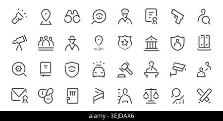 Security and law enforcement line icons set with police, surveillance and justice symbols Stock Vector