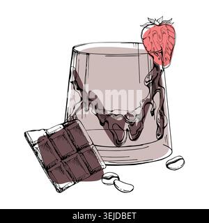 Latte smoothie, cocoa milkshake in low tumbler with strawberry, chocolate drizzle and coffee bean accents. Hand drawn ink vector. Coffeehouse menus Stock Vector