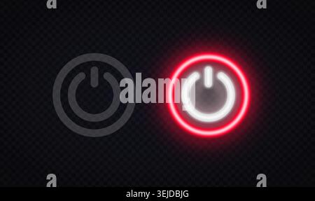 Neon red glowing power button icon with inactive gray version on dark transparent background. Bright on off symbol for game interface, app or UI Stock Vector