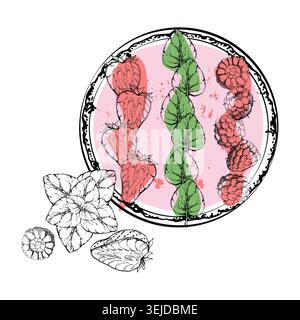 Ripe raspberry, strawberry, mint leaf lines on mixed berry smoothie bowl. Isolated hand drawn ink vector clipart. Farmers market harvest flyers Stock Vector