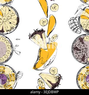 Seamless breakfast smoothie bowl pattern with oats, honey and tropical fruit. Mango slices, pineapple wedges, banana rings hand drawn ink vector Stock Vector