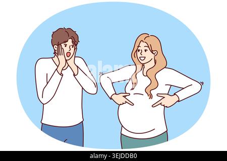 Shocked man is surprised to see pregnant woman and does not want to become father Stock Photo