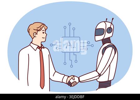 Man shakes hands with robot as sign of friendship between humans and artificial intelligence AI Stock Photo