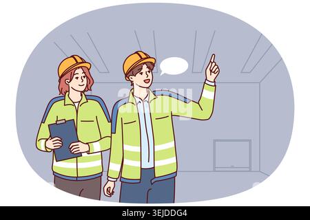 Two industrial room engineers discussing production process and how to repair equipment Stock Photo