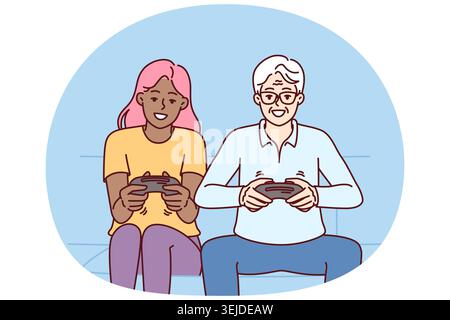 Diverse man and woman with joysticks are sitting on sofa playing game fighting virtual characters Stock Photo