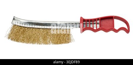 Wire brush for metalworking with orange handle and metal bristles on an isolated background. Designed for removing rust, cleanin Stock Photo