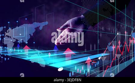 A futuristic image with elements of data, graphs and a world map symbolizing global business, digital economy and growth of financial indicators. Stock Photo
