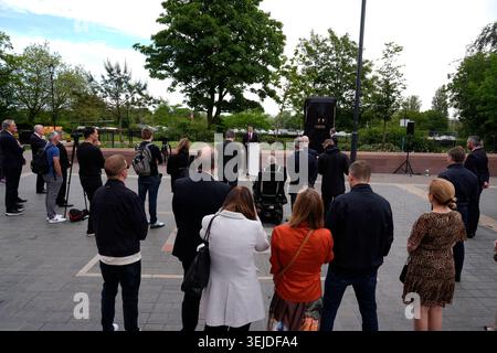 Liverpool FC CEO Billy Hogan delivers a speech at the unveiling of the new Heysel Memorial outside Anfield, Liverpool, on the anniversary of the disaster. Some 39 football fans were killed when a wall collapsed during crowd violence at Heysel Stadium, Brussels, before the Liverpool v Juventus European Cup Final in 1985. Picture date: Friday May 29, 2026. Stock Photo