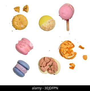 Broken round macarons with crumbs on a white background, delicious dessert Stock Photo